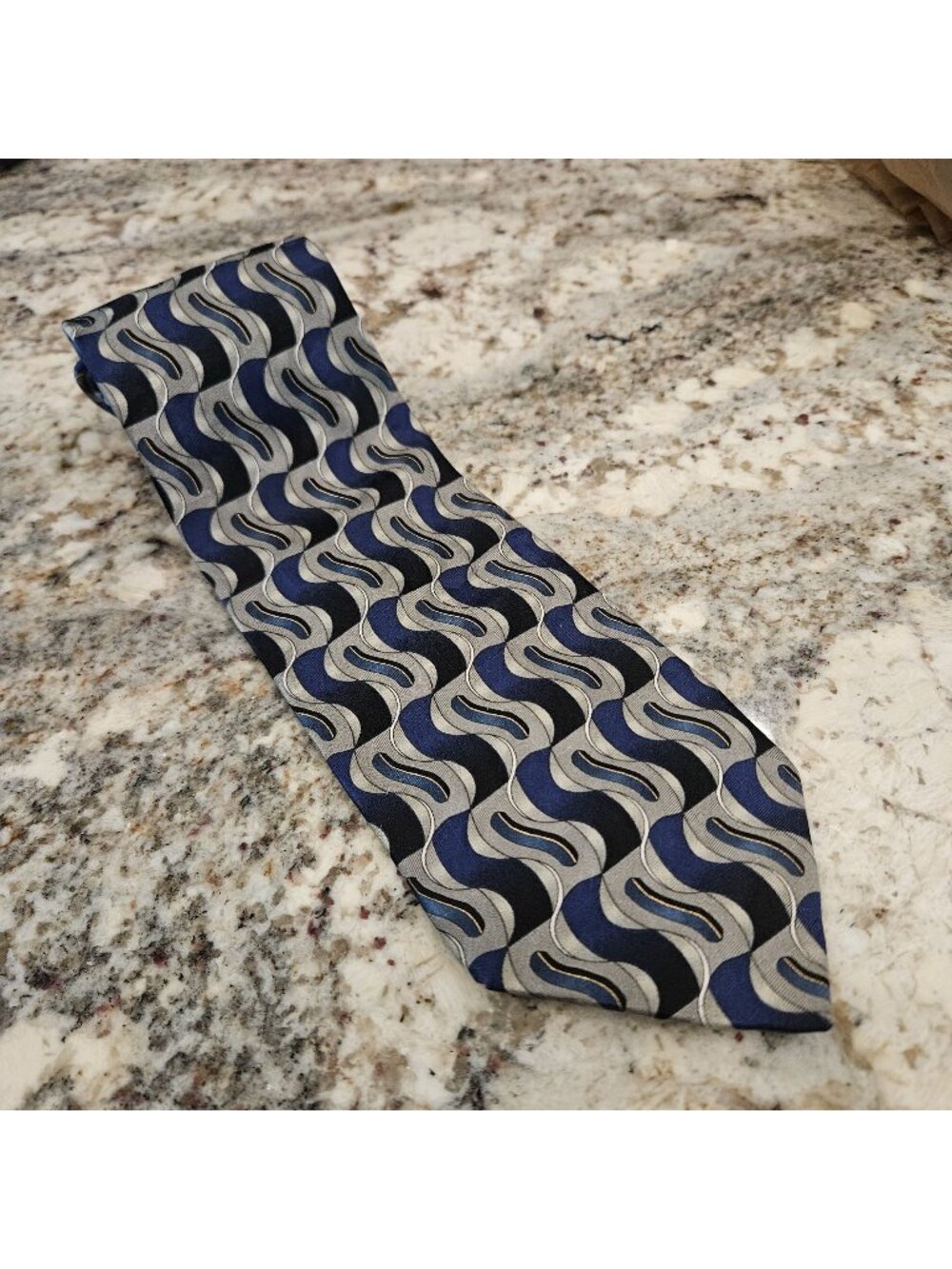 Ziggurat Blue Gray Black Patterned Mens Silk Tie